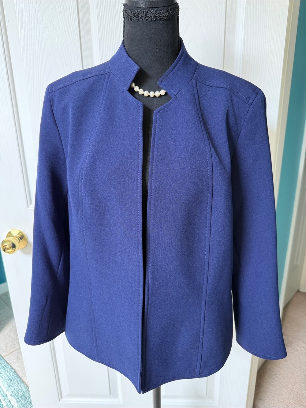 Anne Klein Royal Blue Stand Collar Crepe Jacket Blazer Open Front - Size 8